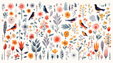 Big Collection Of Flowers, Leaves, Birds, Bunny.