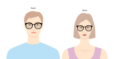 Poster - Round frame glasses on women and men flat character fashion accessory illustration. Sunglass front view unisex silhouette style, rim spectacles eyeglasses with lens sketch style outline isolated