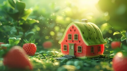 Sticker - A miniature house made of watermelon sits in a field, AI