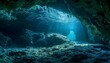 a underwater cave with sunlight streaming through the water