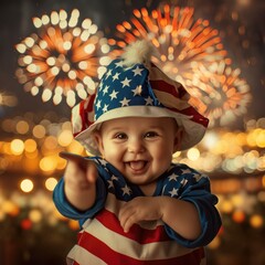 Sticker - A baby in an american flag costume holding a knife. Generative AI.