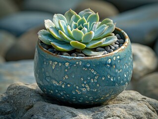 Wall Mural - A small plant in a blue pot sitting on a rock. Generative AI.