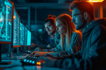 Focused team of programmers collaboratively working on software development in a dark, neon-lit room filled with computer monitors.