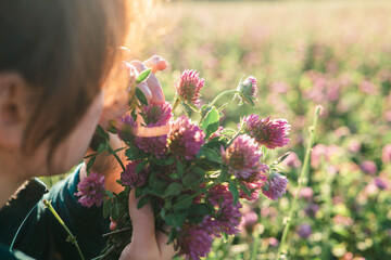 Woman picking clover in field. Womens health flower. Womans face and red clover flowers in the rays of the sun in a clover field.Useful herbs and flowers