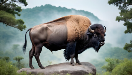 Wall Mural - A formidable Buffalo standing on a rock surrounded by trees and vegetation. Splendid nature concept.