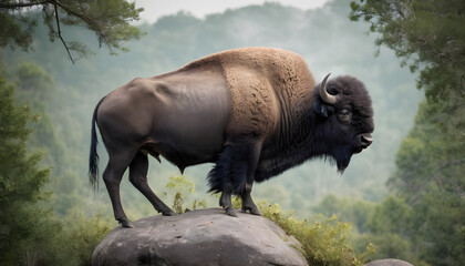 Wall Mural - A formidable Buffalo standing on a rock surrounded by trees and vegetation. Splendid nature concept.