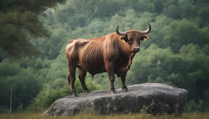 Wall Mural - A formidable Bull standing on a rock surrounded by trees and vegetation. Splendid nature concept.