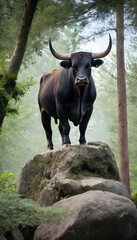 Wall Mural - A formidable Bull standing on a rock surrounded by trees and vegetation. Splendid nature concept.