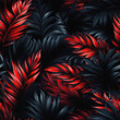 © alexkoral - Seamless tropical texture pattern with red palm leaves on a black background. Hawaiian ornament