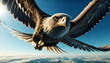 Majestic Soaring Eagle: An image of a powerful, majestic, sharp-eyed eagle soaring high in the clear blue sky. The eagle's wings are fully extended and its gaze is directed downward, searching for pre
