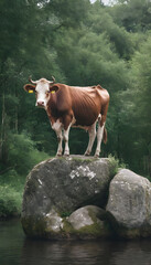 Poster - A formidable Cow standing on a rock surrounded by trees and vegetation. Splendid nature concept.