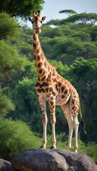 Wall Mural - A formidable Giraffe standing on a rock surrounded by trees and vegetation. Splendid nature concept.