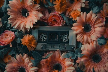 A vintage tape nestled in a bed of vibrant flowers, its music now a silent echo amidst the floral symphony of colors and textures.

