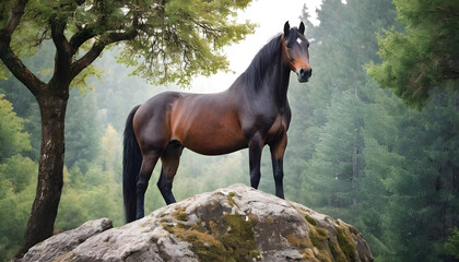 Canvas Print - A formidable Horse standing on a rock surrounded by trees and vegetation. Splendid nature concept.