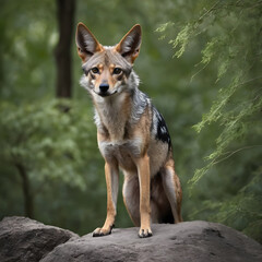 Wall Mural - A formidable Jackal standing on a rock surrounded by trees and vegetation. Splendid nature concept.