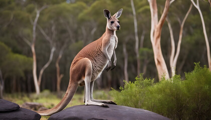 Wall Mural - A formidable Kangaroo standing on a rock surrounded by trees and vegetation. Splendid nature concept.