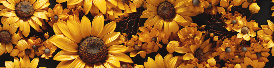 Wall Mural - seamless pattern with yellow flowers of flowering blossom sunflowers on black background