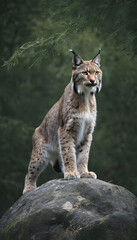 A formidable Lynx standing on a rock surrounded by trees and vegetation. Splendid nature concept.