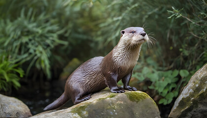 Wall Mural - A formidable Otter standing on a rock surrounded by trees and vegetation. Splendid nature concept.