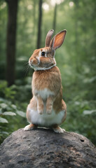 Wall Mural - A formidable Rabbit standing on a rock surrounded by trees and vegetation. Splendid nature concept.