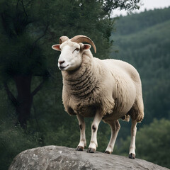 Poster - A formidable Sheep standing on a rock surrounded by trees and vegetation. Splendid nature concept.