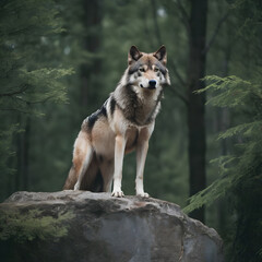 Wall Mural - A formidable Wolf standing on a rock surrounded by trees and vegetation. Splendid nature concept.