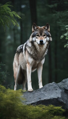 Wall Mural - A formidable Wolf standing on a rock surrounded by trees and vegetation. Splendid nature concept.