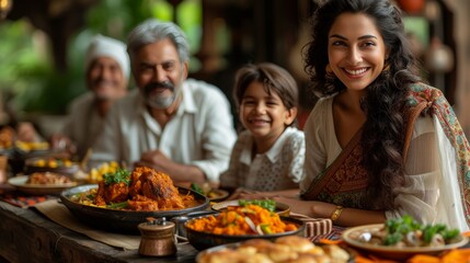 a family eating a special dinner together for a holiday or celebration party.