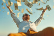 © Opium Creative - A successful man throwing money up in the air, newly rich and feeling happy and carefree after winning the lottery. Nouveau Riche.