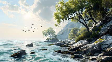 Wall Mural - illustration with the drawing of a Coastal Scenery