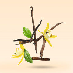 Vanilla pods, yellow flowers and green leaves falling on beige background