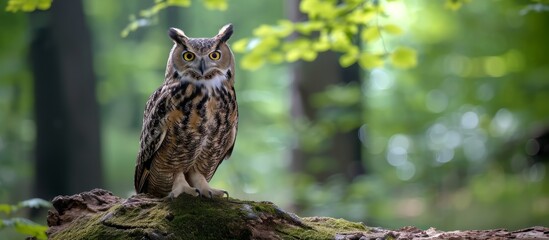 Sticker - A bird of prey, the screech owl, perches on a tree branch in the woodland. Its sharp beak and feathers blend seamlessly with the terrestrial plants around.