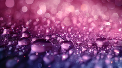  Closeup of shimmering droplets of liquid cascading down a slick surface in various shades of pink and purple.