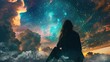 Beautiful Nostalgic Woman Background - Girl Looking into the Sky and watching her Life Time passing by - Deep Message Wallpaper created with Generative AI Technology