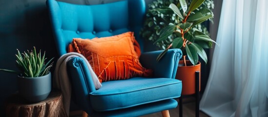 Poster - Tranquil home decor: Relaxing blue chair with cozy pillow and vibrant green plant