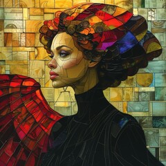 Wall Mural - A woman with a large red feather in her hair, AI