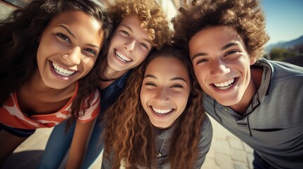 Wall Mural - Group selfie of young friends having fun together 