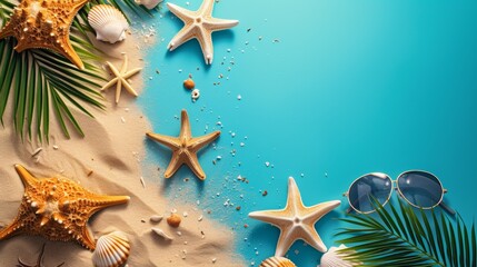 Wall Mural - A beach scene with sunglasses and starfish on a blue background, AI