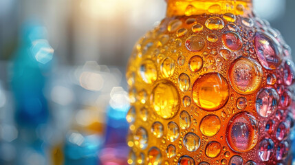 Closeup of a shimmering texture of light reflecting off the textured surface of a clear gl bottle revealing a spectrum of colors and patterns.