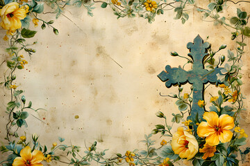 Wall Mural - Christian cross with green leaves and spring flowers on beige background. Happy Easter holiday. Christian awakening life symbol. Religious concept. Design for banner, greeting card, poster, invitation