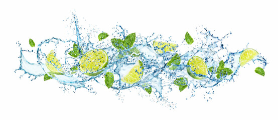 Poster - Long water wave flow splash with lime fruit and mint leaves, realistic vector background. Mojito drink spill flow or citrus soda water splash with lime fruits, mint leaf in explosion of water wave