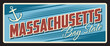 © Vector Tradition - USA state of Massachusetts sign, metal travel plate. Vector Boston capital retro billboard of Bay State with sea anchor, vector American vintage plaque for state of confidence and justice