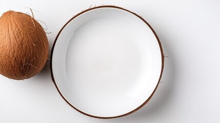 Wall Mural - Coconut, on a white round plate, on a white background, top view