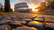 Colosseum during a quiet moment at sunset in Rome Italy, low angle view of the Colosseum at summer sunset