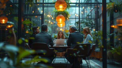 Wall Mural - businesspeople having a meeting in a transparent boardroom. Group of business professionals discussing a briefing.