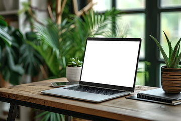 Wooden Desk Minimalistic Laptop Screen Mockup Side angle