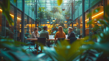 Wall Mural - businesspeople having a meeting in a transparent boardroom. Group of business professionals discussing a briefing.in a modern office