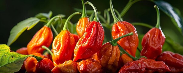 Almost ripe Bhut Jolokia or Ghost Chili, specialty peppers from Assam, North India, ready for harvest, Generative AI 