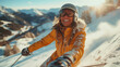 handsome senior woman skiing in the mountains. gracefully glides down a snow-covered mountain slope, embracing the thrill of skiing, smiling. Travel Alps, ski vacation, senior woman skiing 