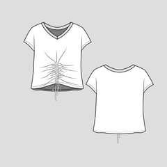 Wall Mural - Knotted hem Crop top V Neck kimono sleeve gathering shirred knot Fashion technical drawing flat sketch template